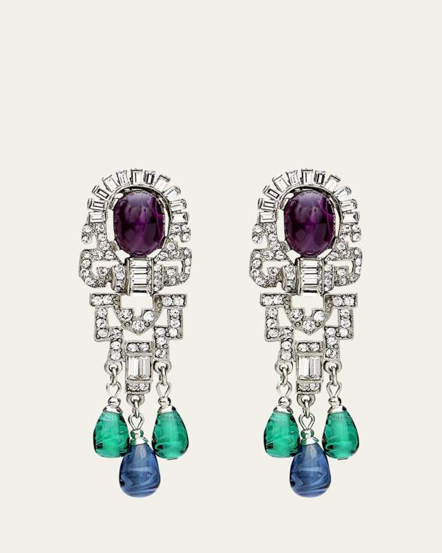 Silver Crystal Oval Topa and Emerald Sapphire Drop Clip-On Earrings